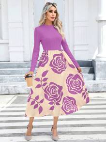 SHEIN Privé 女性花卉印花a字裙 - 淡紫色 - 查看 1