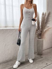 SHEIN LUNE 休閒女羅紋吊帶背心連身褲 - 灰色 - 查看 4