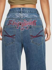 ROMWE Street Life Quần Jeans Nữ Dáng Thẳng Đơn Giản Màu Trơn Thêu Chữ Vine Phong Cách Đường Phố - Màu xanh lam - Xem 6
