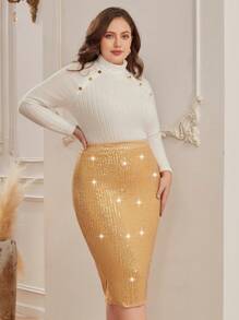 SHEIN Clasi Plus Size High Waisted Sequined Pencil Skirt - Gold - View 5