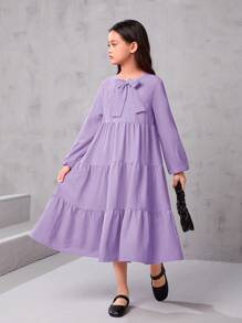 SHEIN Tween Girl dáng rộng phong cách cổ điển Đầm dài tay cổ nơ cổ chữ A - Màu tím - Xem 4