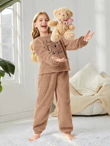 SHEIN Cô gái Tween Thêu Chữ Áo chui đầu & Rộng Có chân Quần Sang trọng Bộ đồ thể thao Bộ Đối với Nhà  Mặc - Lạc đà - Xem 4