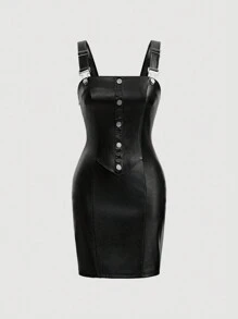 SHEIN MOD 女士假皮革連身裙 - 黑色 - 查看 1