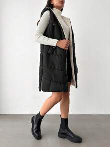EURMUSE Zip Up Drawstring Hooded Vest Puffer Coat - Black - View 4