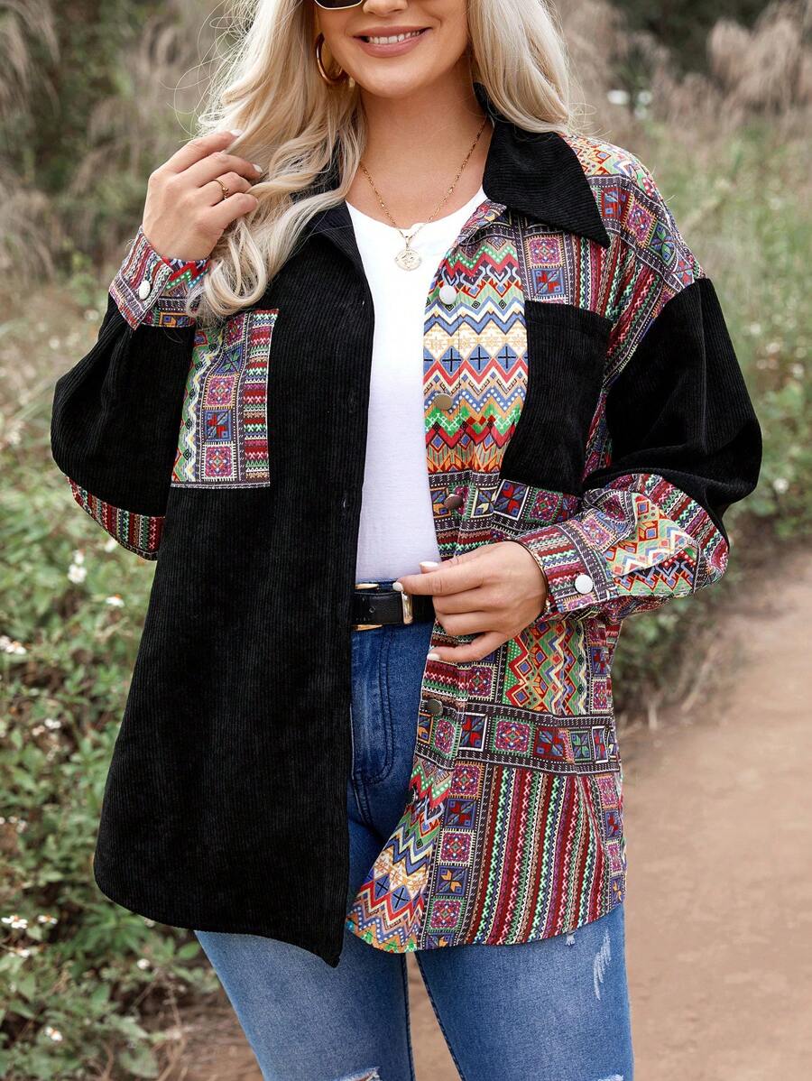SHEIN LUNE Plus Size Women's Geometric Pattern Corduroy Jacket - Multicolor - View 1