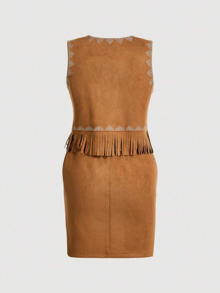 Embroidered Fringe Tie Front Vest Jacket And Skirt Set