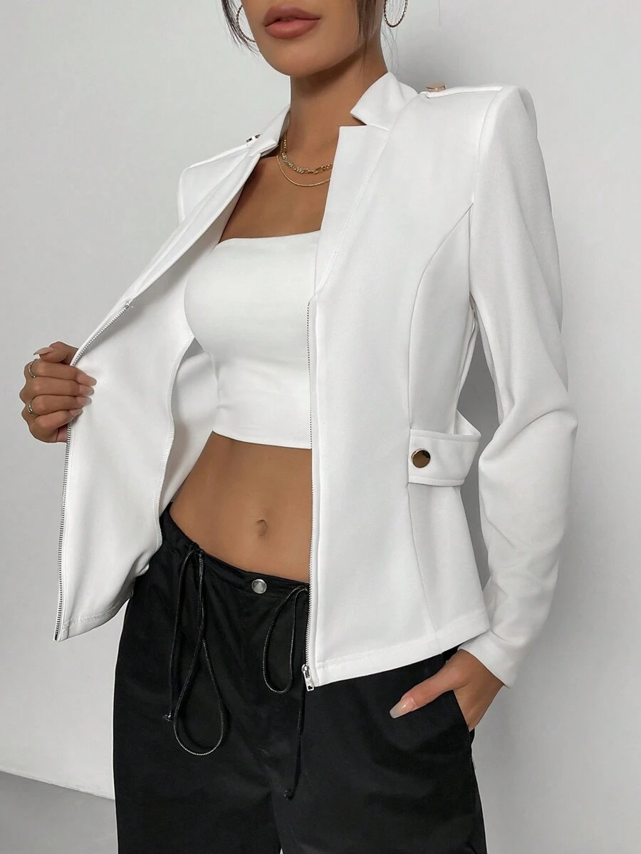 SHEIN Essnce Women's Zipper & Shoulder Straps Design Suit Jacket - White - View 1