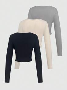 SHEIN Unity 女裝3入組肋紋長袖t恤 - 黑色 - 查看 2