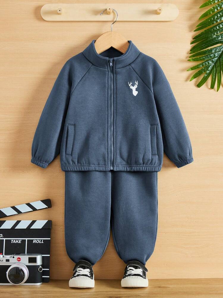 Unisex Baby Cartoon Elk Pattern Jacket With Stand Collar And Raglan Sleeves & Lightweight Cuffed Pants Set