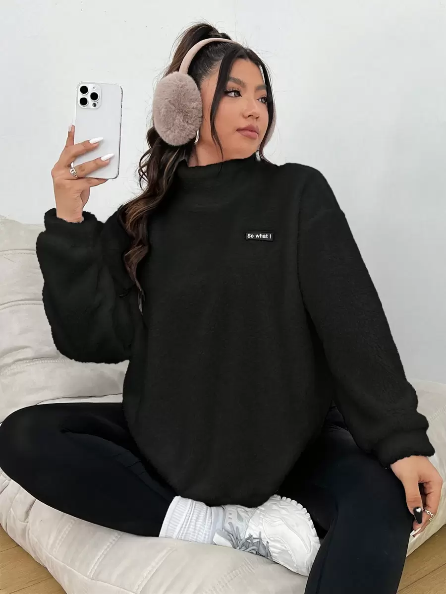 SHEIN EZwear 女款大尺碼立領字母貼片長袖運動衫 - 黑色 - 查看 1