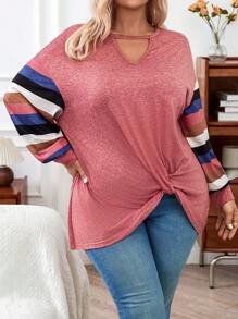 Calvaya T-shirt De Mode Pour Femmes De Grande Taille Avec Épaule Basse, Torsion Avant, Conception En Creux Et Blocs De Couleurs - Multicolore - Voir 7