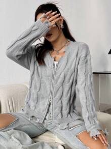 Flirla Damski Jednolity Oversized Zamek z przodu Rozpinane Swetry Z Opuszczane ramiona