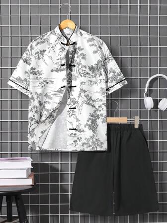 SHEIN Teenage Boys' Casual Scenery Print Short Sleeve Shirt With Stand Collar & Button Placket And Plain Shorts Set, Woven Hanfu Style