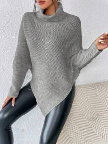 SHEIN Essnce 高领不对称下摆斗篷毛衣 - 灰色 - 查看 4