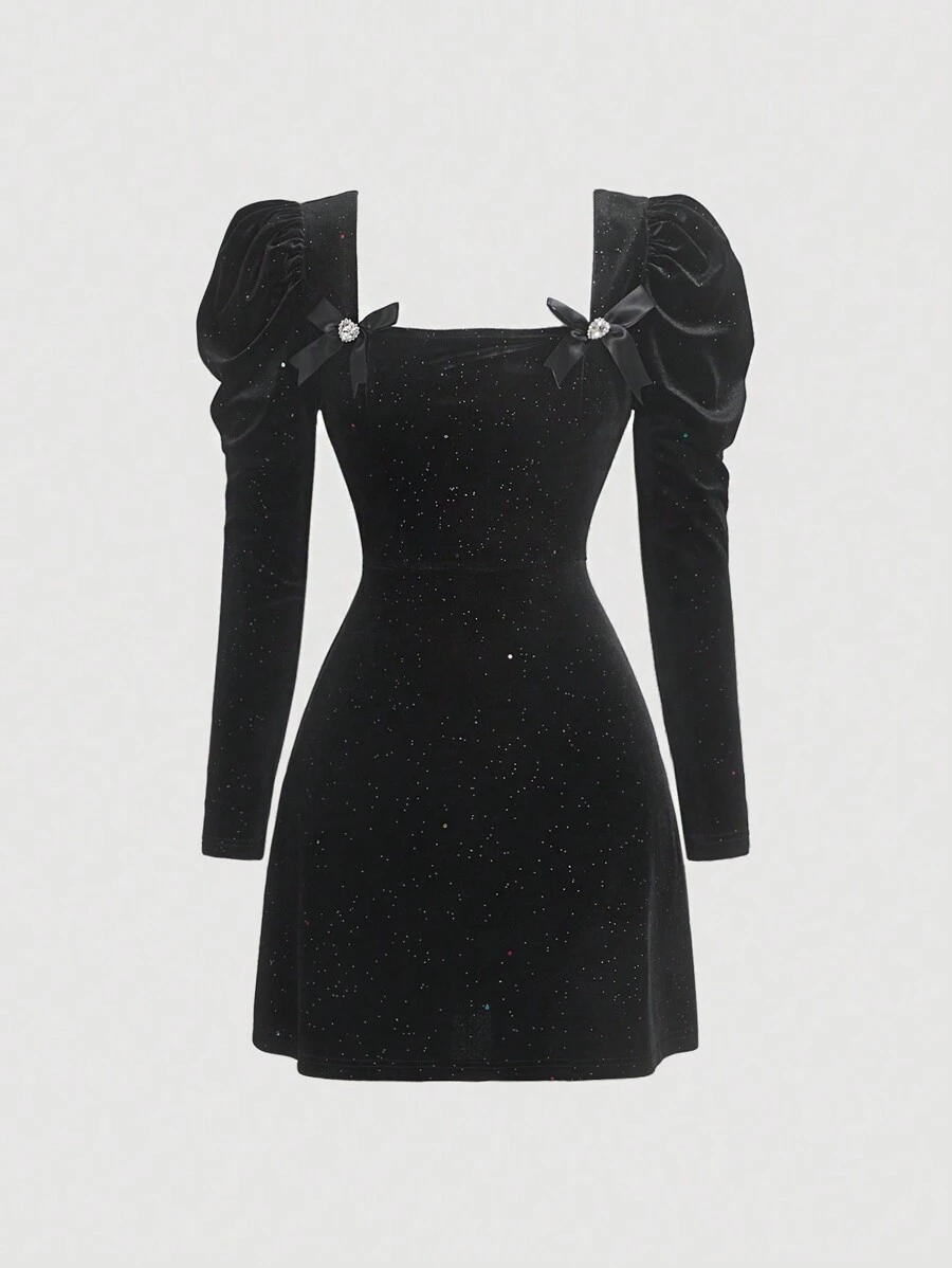 SHEIN MOD Women's Puff Sleeve Dress With Bow Decorations - Black - View 1