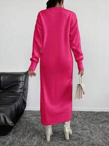 EURMUSE Vestido De Suéter De Cuello Redondo Y Hombros Caídos Sin Cinturón - Rosa Fucsia - Ver 2