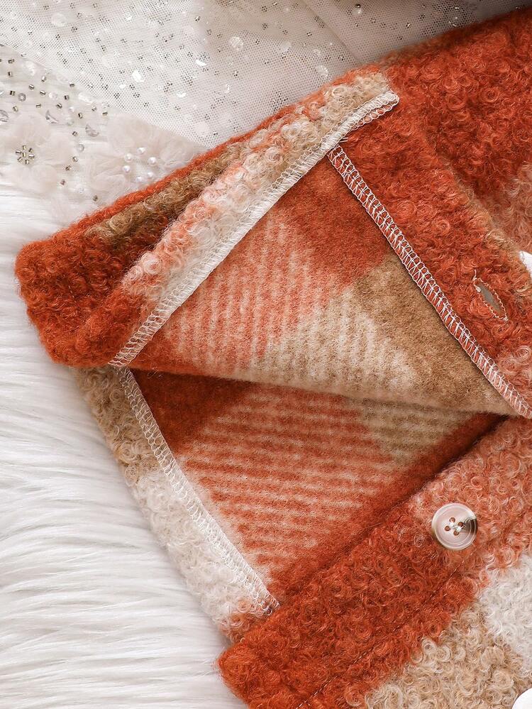 Baby Girls' Plaid Patchwork Peter Pan Collar Knitted Coat With Floral Applique