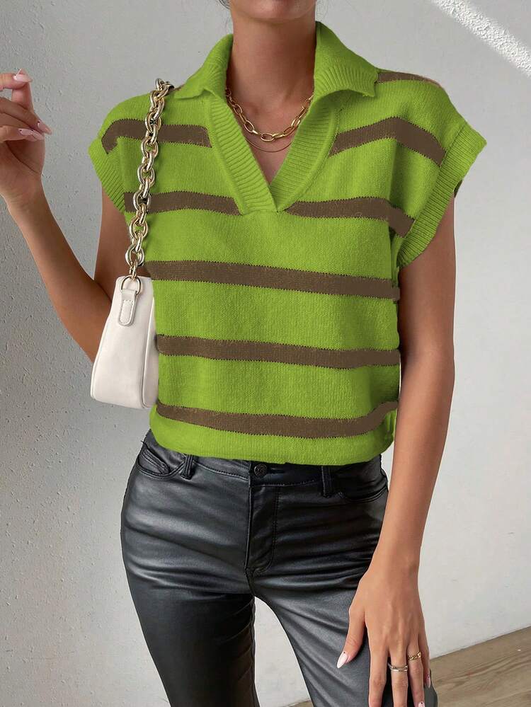 Women's Striped Sweater Vest With Collar