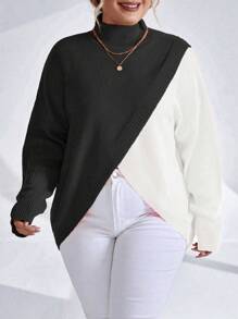 SHEIN Unity 大码女式不对称下摆撞色针织套头衫秋冬毛衣 - 黑與白 - 查看 1