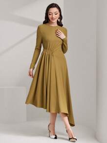 Modelyn Women's Asymmetrical Hem Ribbed Bodycon Dress - Mustard Yellow - View 4