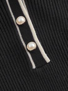 SHEIN MOD Women's Half Buttoned Cardigan Sweater Dress With Contrast Trim In Fall/Winter - Black - View 4
