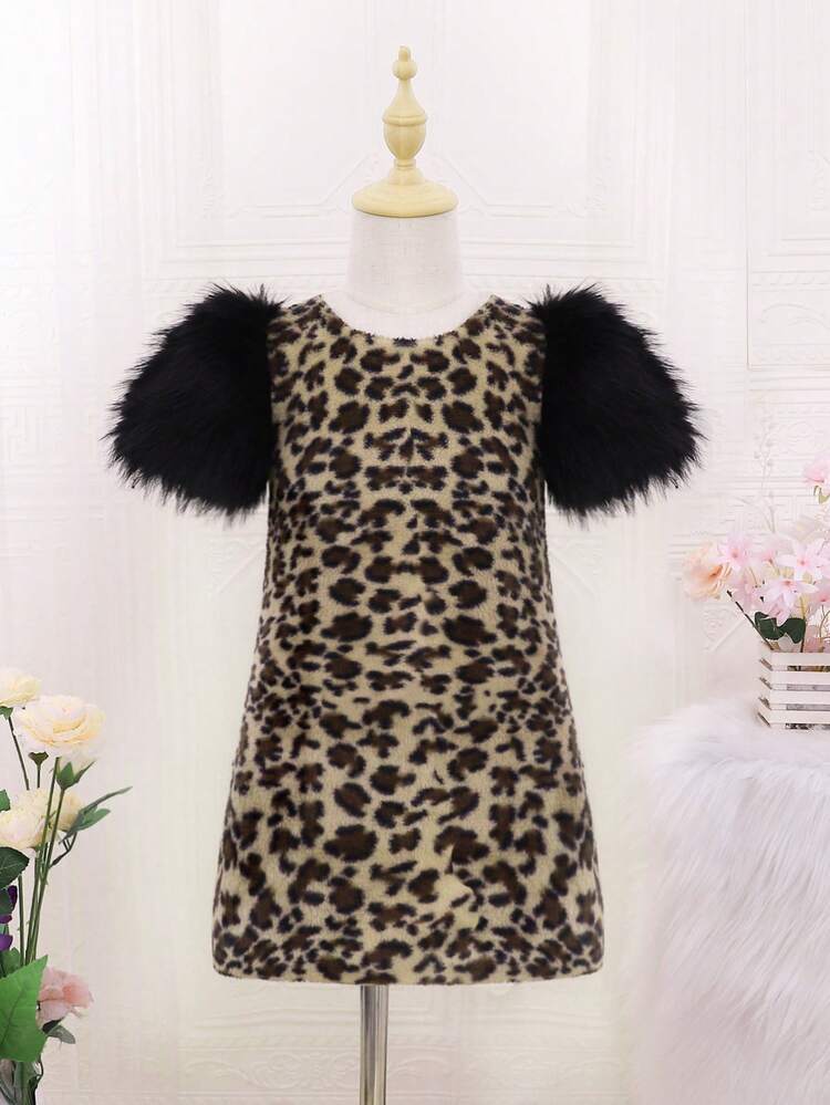 Little Girls' Lovely Casual Leopard Print Furry Short Sleeve Dress With Round Neckline, Autumn