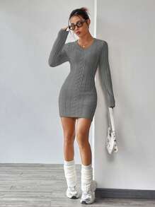 SHEIN Unity Tight And Versatile V-neck Cable Knit Sweater Dress - Grey - View 1