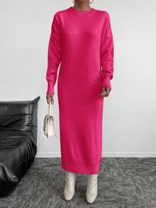 EURMUSE Vestido De Suéter De Cuello Redondo Y Hombros Caídos Sin Cinturón - Rosa Fucsia - Ver 5