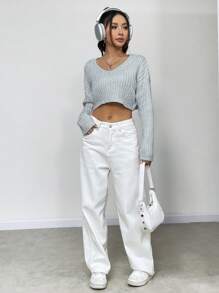 SHEIN Unity 女款落肩羅紋毛衣 - 灰色 - 查看 5
