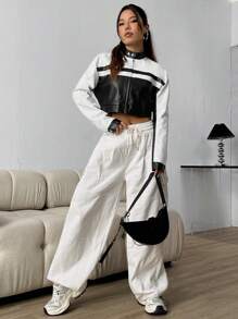 SHEIN Unity 女款撞色皮革短版夾克 - 黑與白 - 查看 4