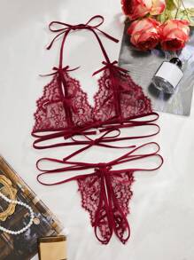 Women's Bowknot Tie Back Design Sexy Lingerie Set - Burgundy - View 2