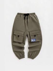 SHEIN 男童字母拼接貨物口袋束口運動長褲 - 軍綠色 - 查看 1