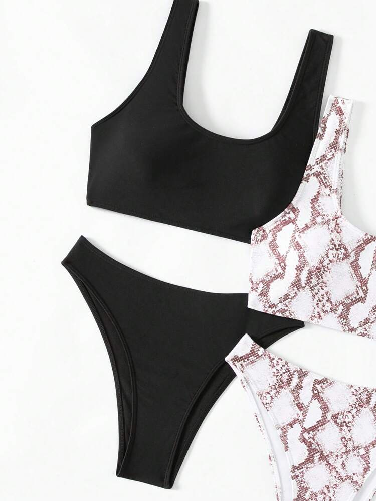4pcs/Set Women's Solid Color And Snake Print Bikini Set Matching Set Summer Beach