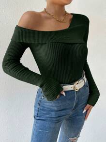 SHEIN Essnce Màu thuần Bất đối xứng Đường viền cổ áo Áo len - xanh quân đội - Xem 4