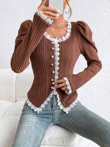 SHEIN Privé Ladies' Lace Patchwork Puff Sleeve Jacket - Coffee Brown - View 6