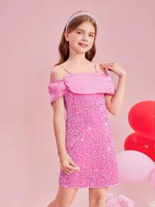 SHEIN Girls' Beaded Spaghetti Strap Elegant Dress, Sibling Outfits Matching Outfits (2 Pieces Are Sold Separately) - Pink - View 6