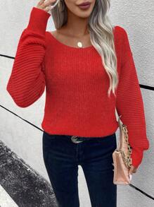 SHEIN LUNE Solid Drop Shoulder Ribbed Knit Sweater - Red - View 5