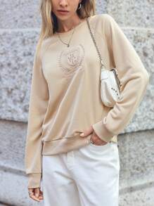 SHEIN Essnce Women's Badge Letter Embroidery Raglan Sleeve Sweatshirt - Khaki - View 3