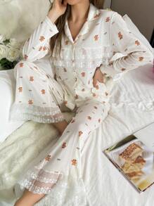 Của phụ nữ Ren Nối Bộ mặc nhà Với Dễ thương Họa tiết gấu - trắng - Xem 3