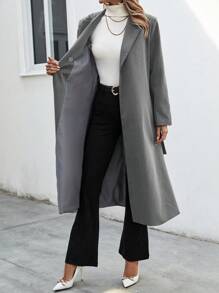 SHEIN LUNE Women's Wrap Front Peak Lapel-Neck Dress With Tie Waist Fall Cloth For Women - Grey - View 4
