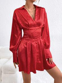 SHEIN Privé 提花收腰连衣裙 - 紅色 - 查看 5