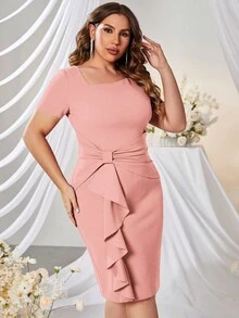 MUXXN Retro Professional Style Bow Tie Collar Ruffle Waist Ruffle Hem Cocktail Pencil Skirt - Baby Pink - View 6