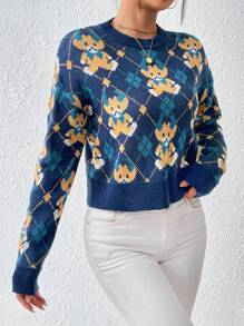 SHEIN LUNE Pull À Motif De Dessin Animé Pour Femmes, Col Rond, Épaules Tombantes