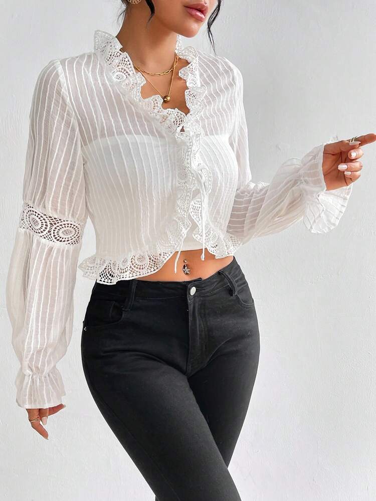 Lace Patchwork Front Tie Hem Ruffle Trim Short Blouse