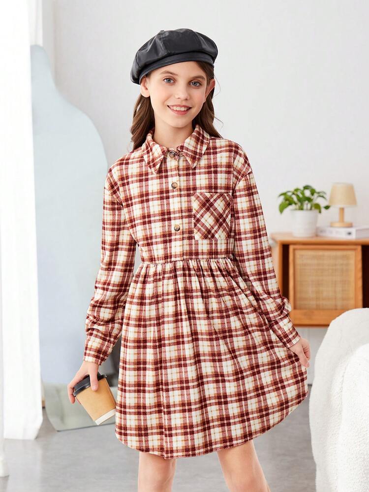 Girls' Woven Plaid Dress With Single Pocket And Loose Fit, Casual Shirt Dress Style