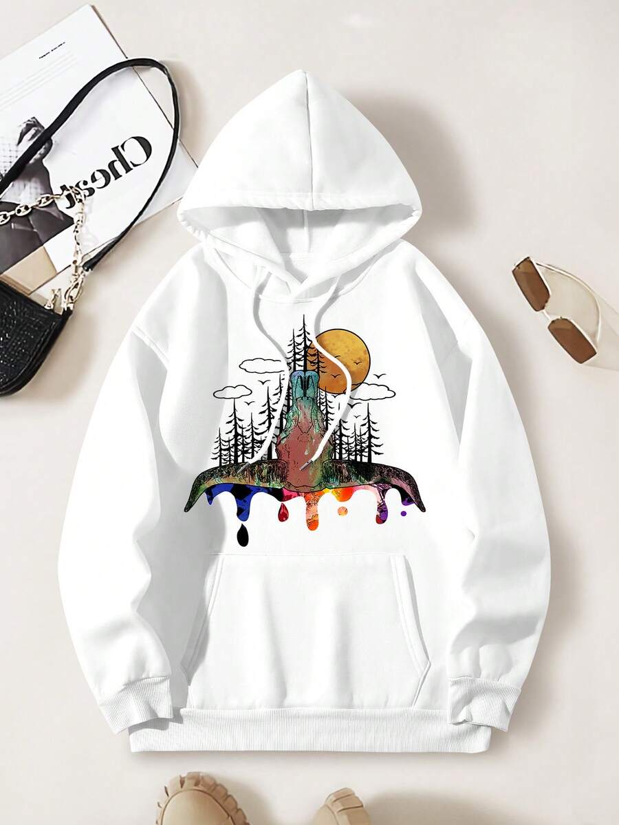 SHEIN EZwear 女士帽兜印花套頭衫 - 白色 - 查看 1