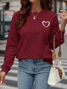 SHEIN LUNE Của phụ nữ In Trái tim Thả vai Áo nỉ - Màu Đỏ Sâu - Xem 6