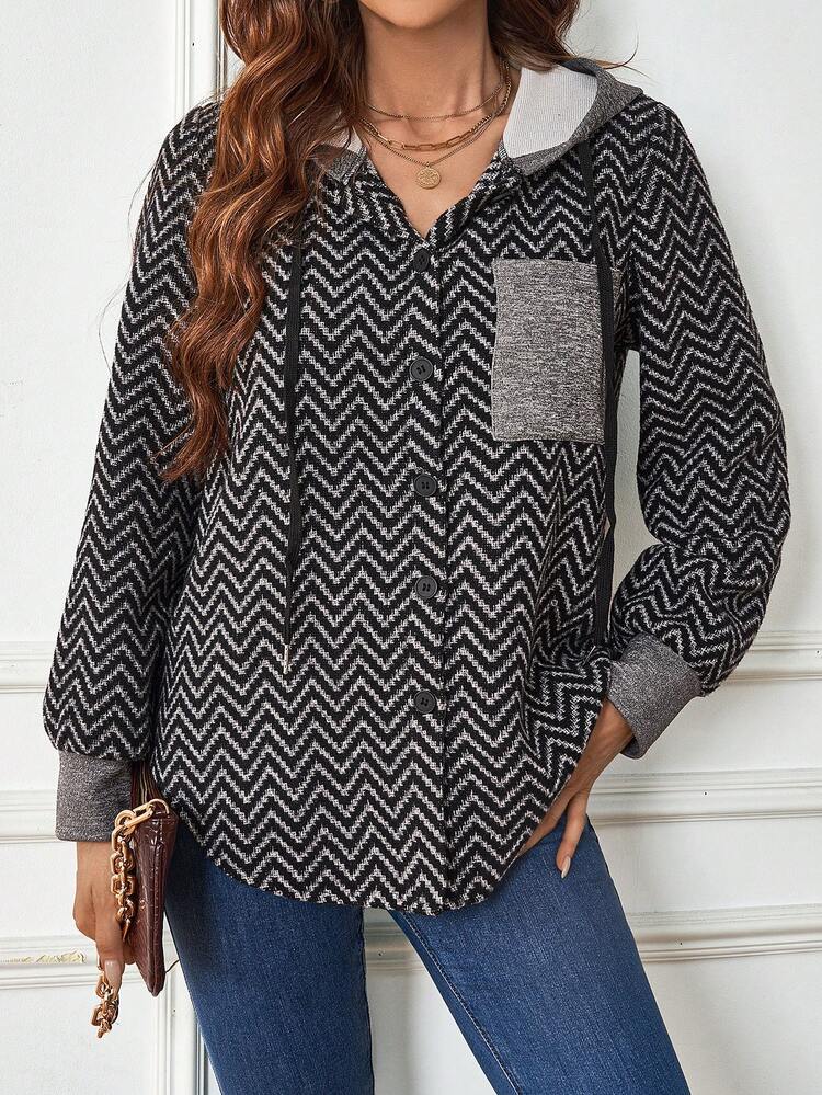 Hooded Regular Jacket With Zigzag Pattern Drawstring Fall Cloth For Women