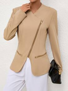 SHEIN Privé 女款定身夾克,大翻領設計,具有拉鍊 - 杏色 - 查看 6