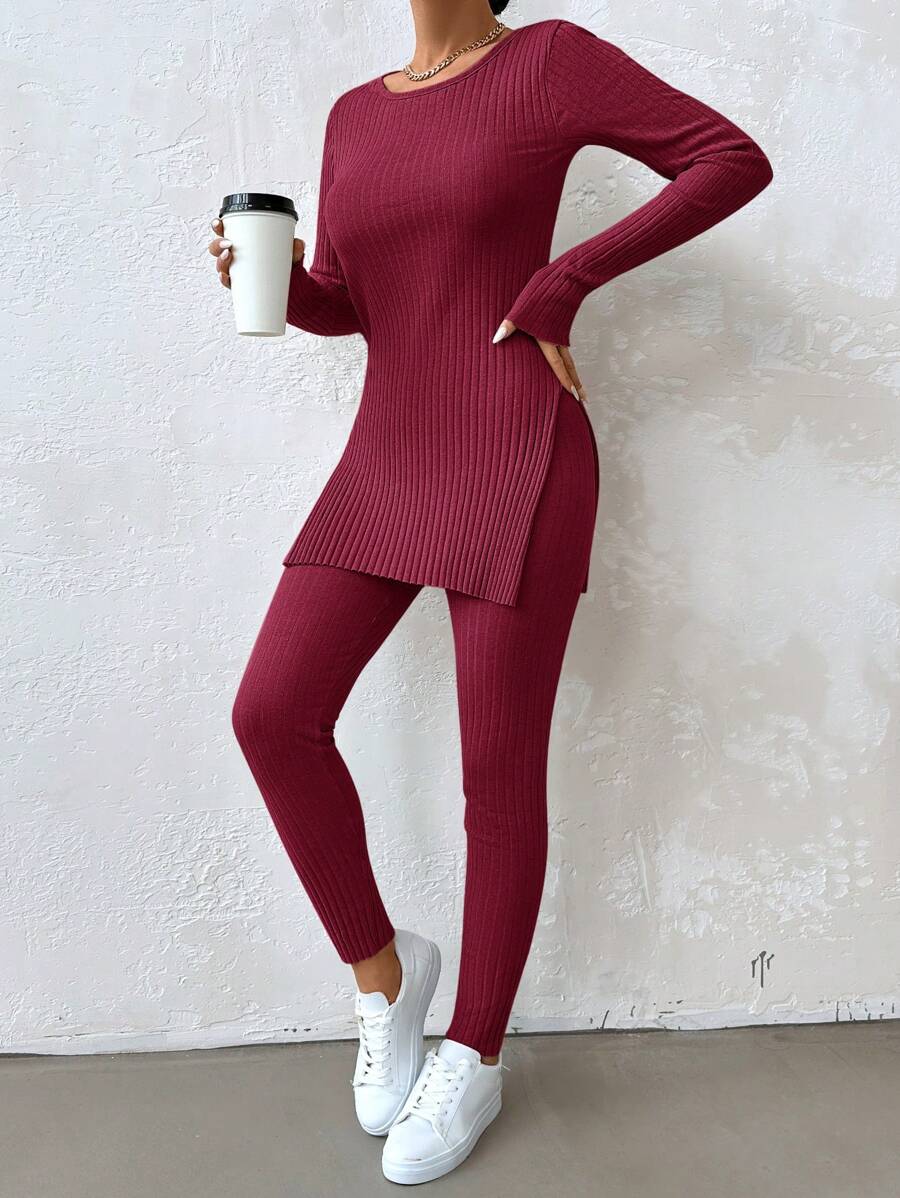 EURMUSE Ladies' Solid Color Round Neck Ribbbed Slit Hem T-Shirt And Skinny Pants Set - Burgundy - View 1